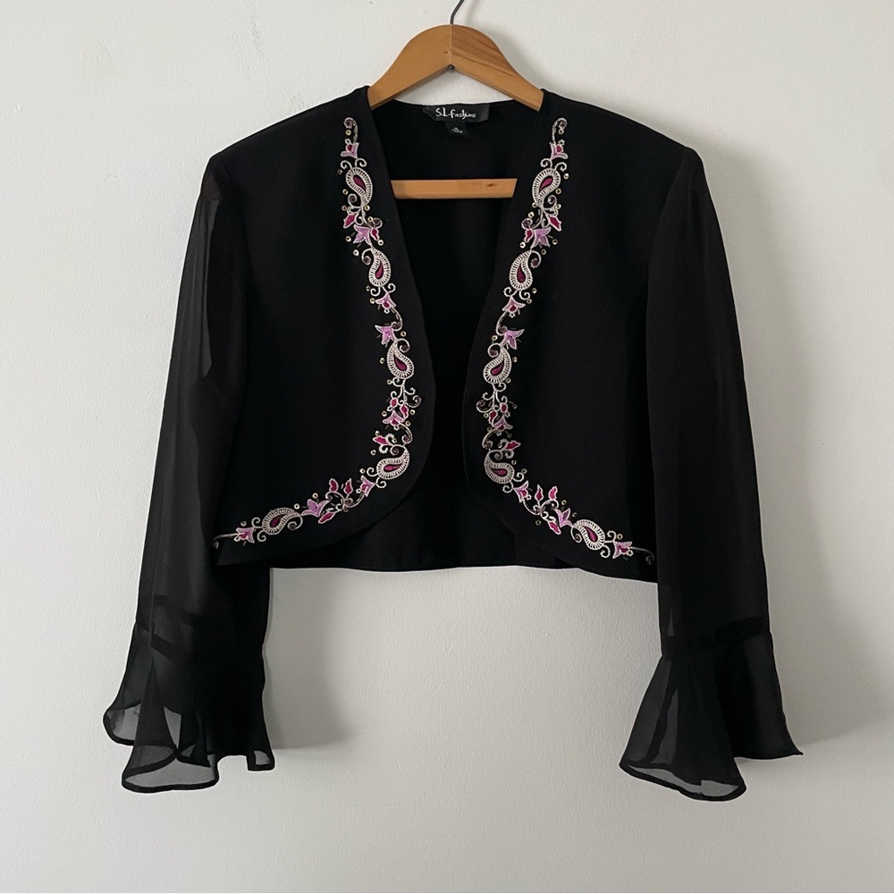 Vintage 90s SL Fashions Black Pink Cream Embroidered Short Cropped Open Blouse